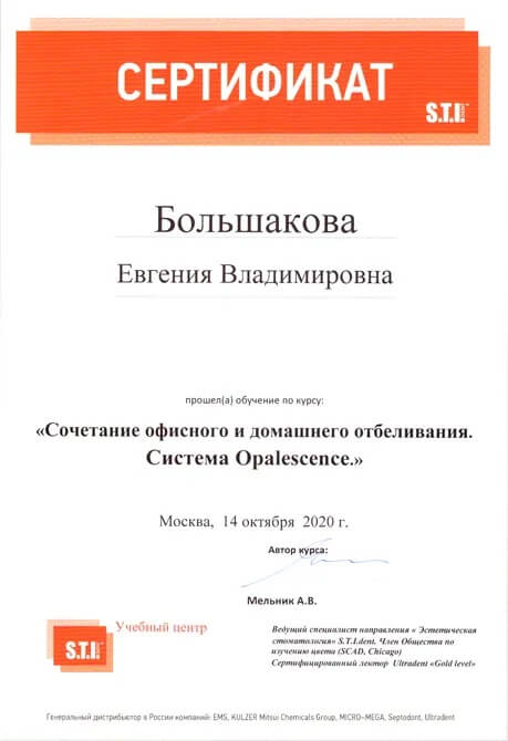Сертификат Большакова Евгения Владимировна